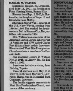 Obituary for MARIAN M. WATSON