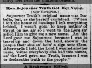 Newspaper account of why Sojourner Truth changed her name from Isabella