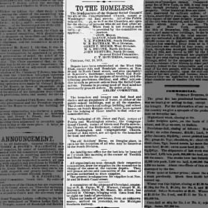 Notices to people made homeless by the 1871 fire about where to find help and services