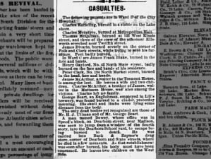 Newspaper lists a few of the victims who were injured or killed in the Great Chicago Fire