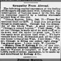 An expression of sympathy from an Iowa business, published in the wake of the Great Chicago Fire