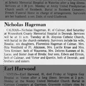 Obituary for Nicholas Hageman (Aged 81)