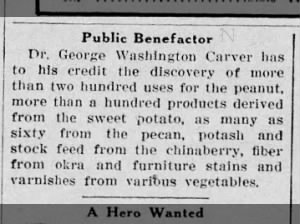 George W. Carver is inventor of hundreds of uses for peanuts & other foods, 1929
