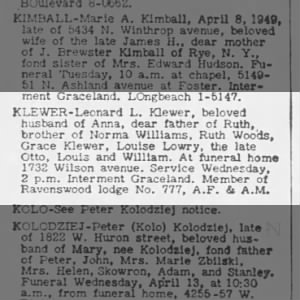 1949 Leonard L Klewer Obituary