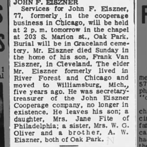 Obituary for JOHN F. EISZNER (Aged 77)
