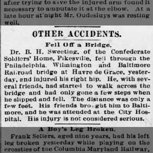Dr B.H. Sweeting falls through railroad bridge