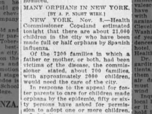 Thousands of children in New York City are left orphans after parents died in Spanish flu outbreak