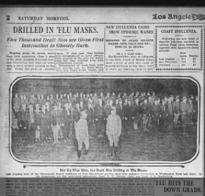 09 Nov 1918_LA Times_Not the Ku Klux Klan but Draft Men Drilling in Flu Masks