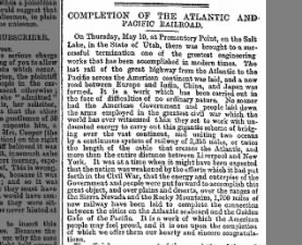 British newspaper offers congratulations on the completion of Transcontinental Railroad