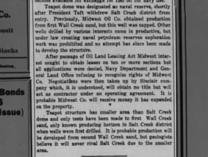 Newspaper article giving history of development of oil reserves at Teapot Dome prior to the scandal