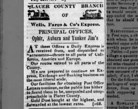 1853 ad for Wells Fargo in California says company will buy gold dust
