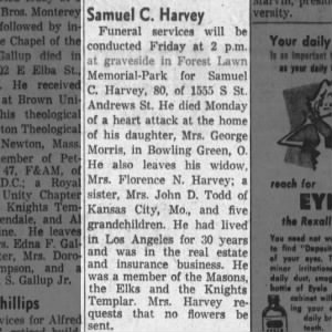 Obituary for Samuel C. Harvey (Aged 80)