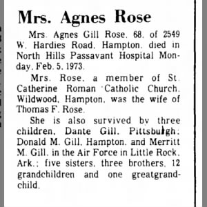 Agnes Gill, Agnes Rose, obituary, 1973
