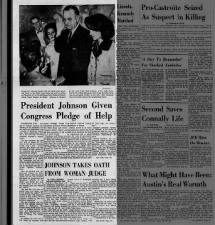 Lyndon B. Johnson is sworn in as president following JFK assassination; Jackie Kennedy attends
