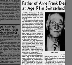 1980 announcement of death of Otto Frank, Anne Frank's father and sole survivor from the Annex