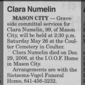 Obituary for Clara Numelin (Aged 99)