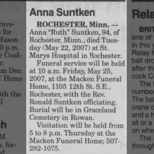 Obituary for Anna Suntken (Aged 94)