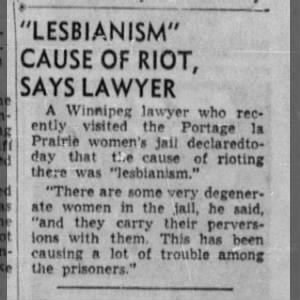 Lesbianism and Prairie la Portage jail riot Winnipeg Tribune April 18th 1946