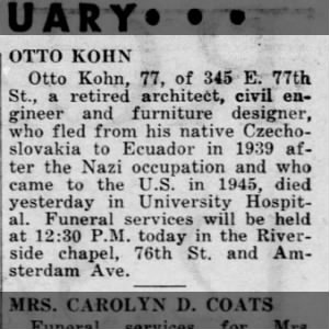 Otto Kohn, obituary, 1965, New York, architect