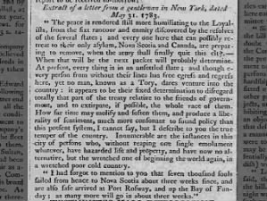 Excerpt from letter discusses situation of Loyalists in New York at end of American Revolution