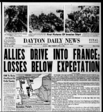 Newspaper headlines, photos, map, and articles from D-Day landings on June 6, 1944