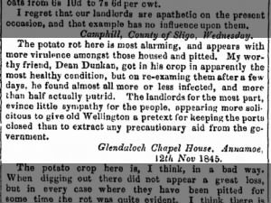 Firsthand account of levels of potato rot in Irish village; Landlords have little sympathy