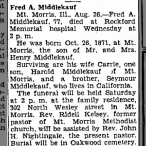 Obituary for Fred A. Middlekauf (Aged 77)
