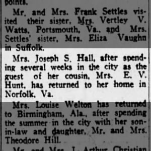Mrs. Joseph S. Hall Visits Cousin, Mrs. E.V. Hunt, in NYC, Returns to Norfolk