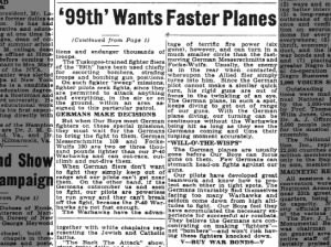Article excerpt about 99th Pursuit Squadron's need for better planes than their P-40 Warhawks