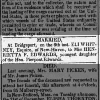 Newspaper marriage announcement for Eli Whitney and Henrietta F. Edwards