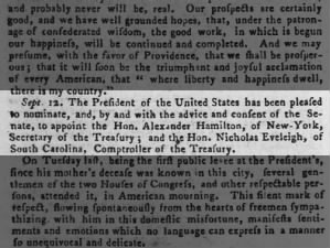 President George Washington nominates Alexander Hamilton as Secretary of the Treasury