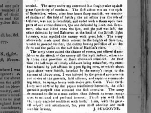Newspaper prints letter from Burgoyne about the Battles of Saratoga and the British surrender