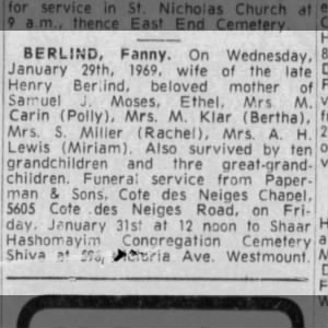 Fanny Berlind obituary, Montreal Gazette Jan 31 1969