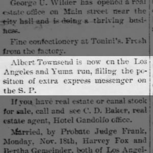 Albert Townsend S. P. Railroad
The Arizona Sentinel 20 Nov 1901