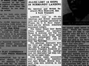 Article says the Allies lost 15 ships during D-Day landings in France, including 6 destroyers