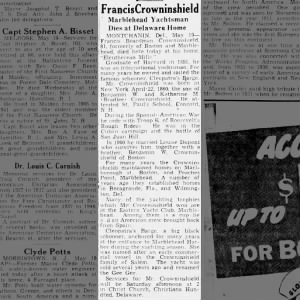 Francis Crowinshield Marblehead Yachtsmen Dies at
Delaware Home, widow is Louisa E. Crowninshield