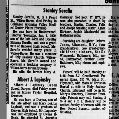 Serafin, Stanley obit 1991 PA wife Mary A Banrosky - Newspapers.com™