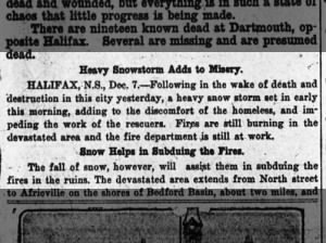 Newspaper article reports on the snowstorm that followed the Halifax Explosion