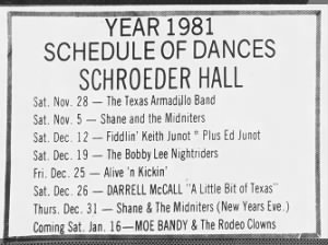 Year 1981 Schedule of Dances Schroeder Hall - Texas Armadillo Band