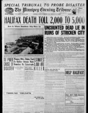 Manitoba newspaper front page of the Halifax Explosion from December 7, 1917