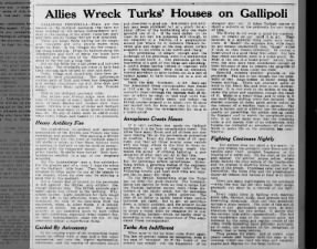 Newspaper column describes effects of Allied bombardment on the Gallipoli Peninsula