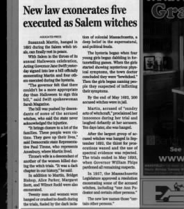 New law exonerates five executed as Salem witches