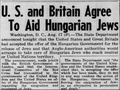 U. S. and Britain Agree to Aid Hungarian Jews