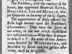 President John Adams appoints Alexander Hamilton to rank of major general