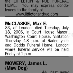 Obituary for Max E. McCLASKIE (Aged 83)