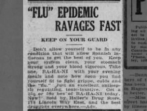 1918 advertisement for pill claims it will prevent Spanish flu