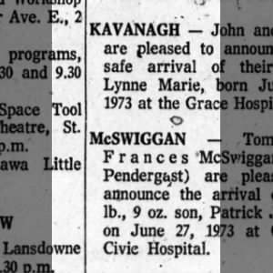 Patrick Joseph McSwiggan 1973 birth announcement