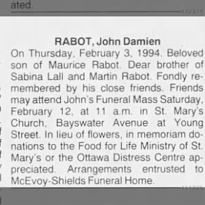 Obituary for John RABOT Damien