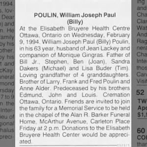 Obituary for William Joseph Paul POULIN (Aged 63)
