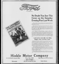Rockwell’s painting is used as an advertisement for Ford and the Hinkle Motor Company in 1920